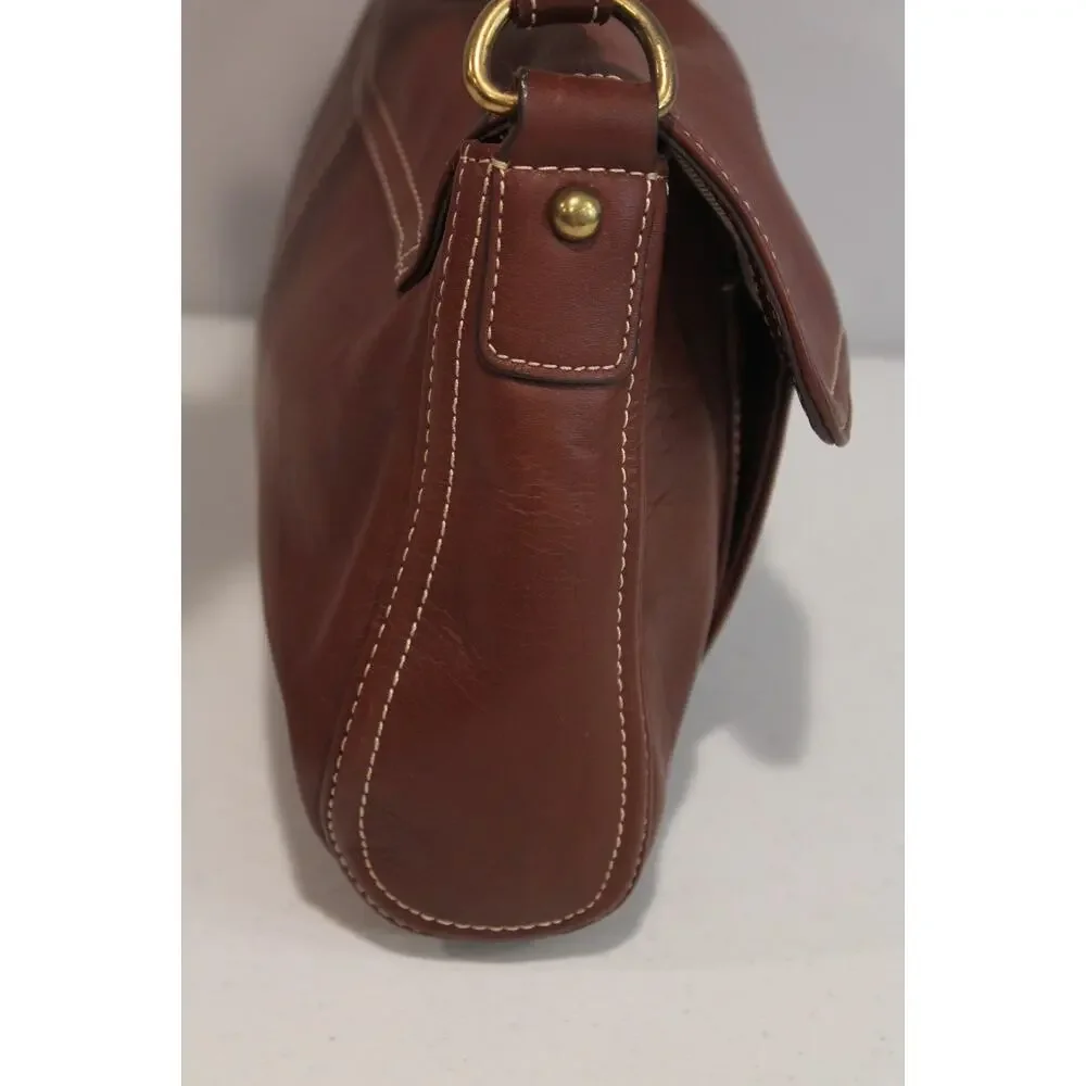 Talbots Leather Handbag Purse Brown White Thread Detailing Flap Closure